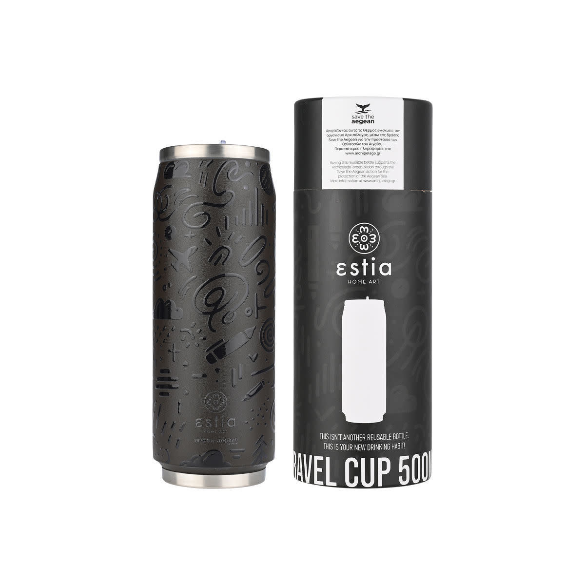 INSULATED BOTTLE TRAVEL CUP SAVE THE AEGEAN 500ml NOIR ECHO 22631 - art de la table Kefi Concept Store