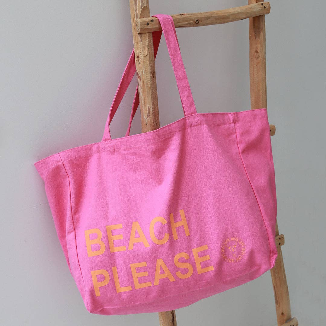 Sac de plage en toile beige avec texte « BEACH PLEASE » rose/orange