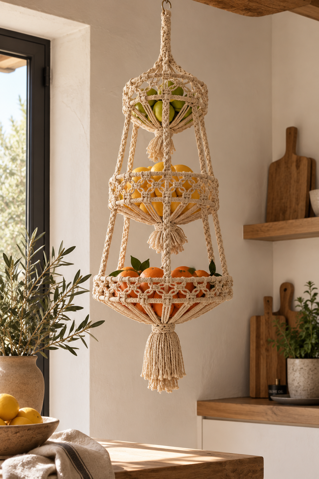 Corbeille à fruits suspendue en macramé – 3 paniers