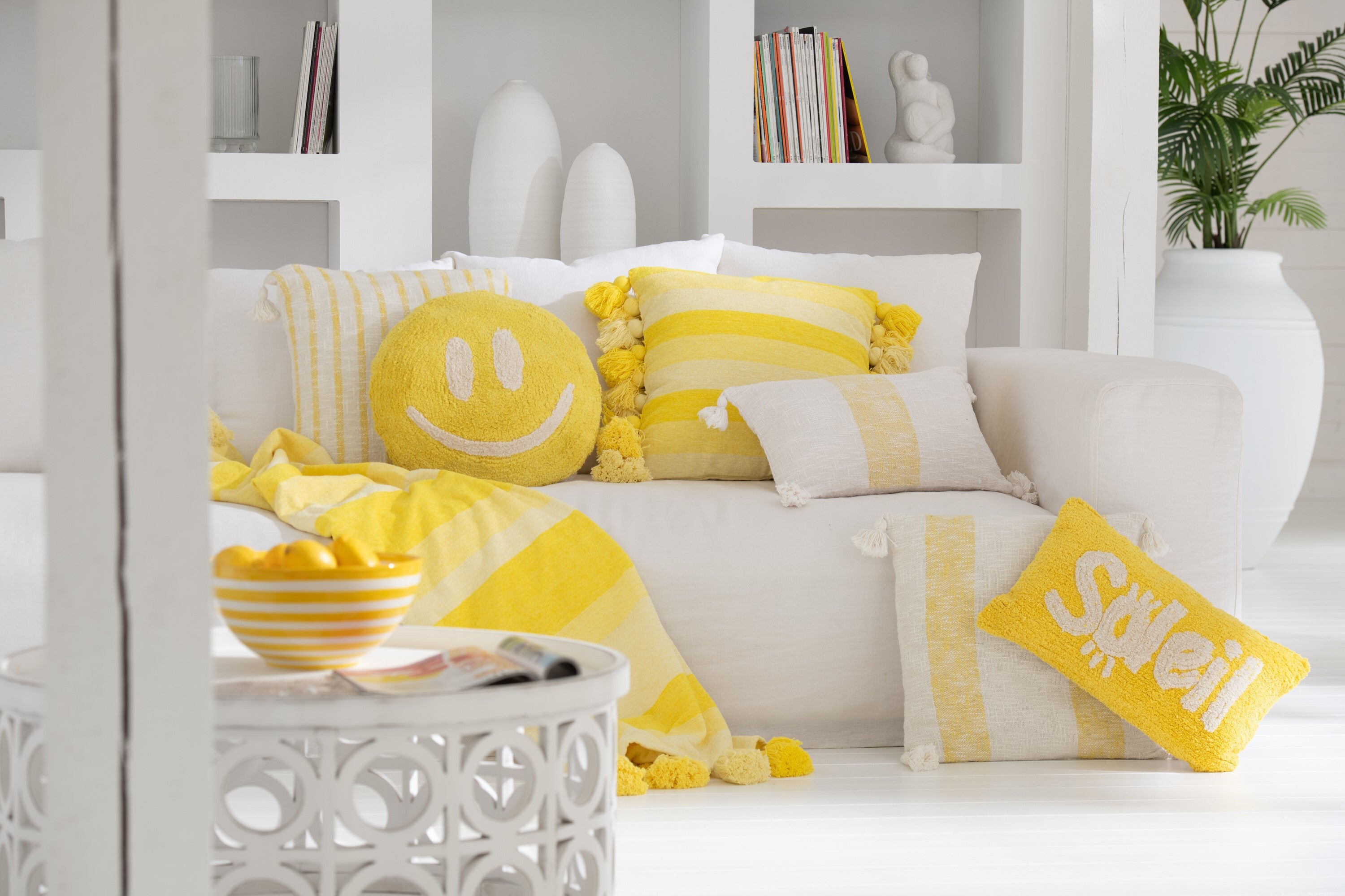 Coussin Soleil Tufté Coton Jaune/Blanc - déco maison Kefi Concept Store