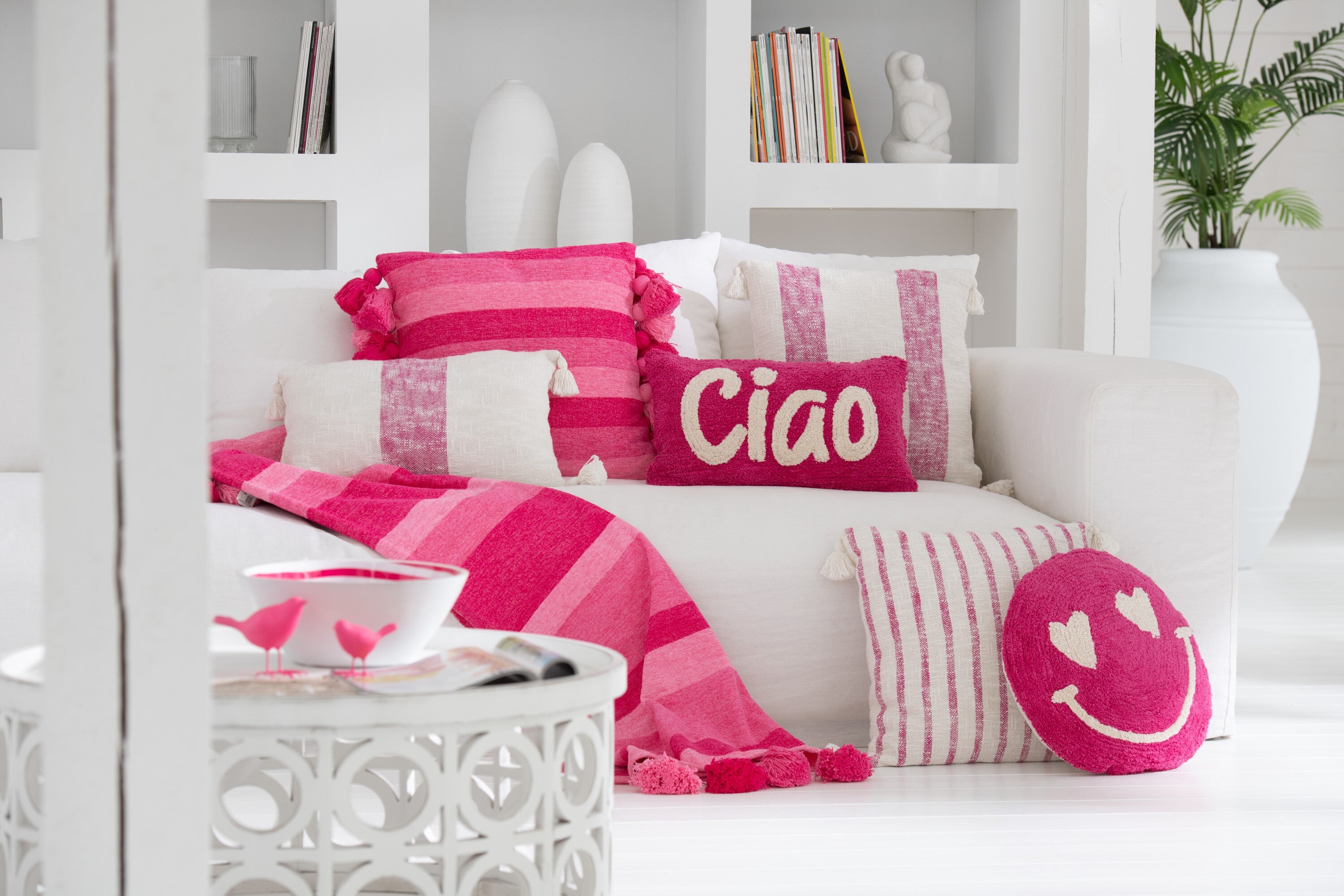 Coussin Ciao Tufté Coton Rose/Blanc - déco maison Kefi Concept Store