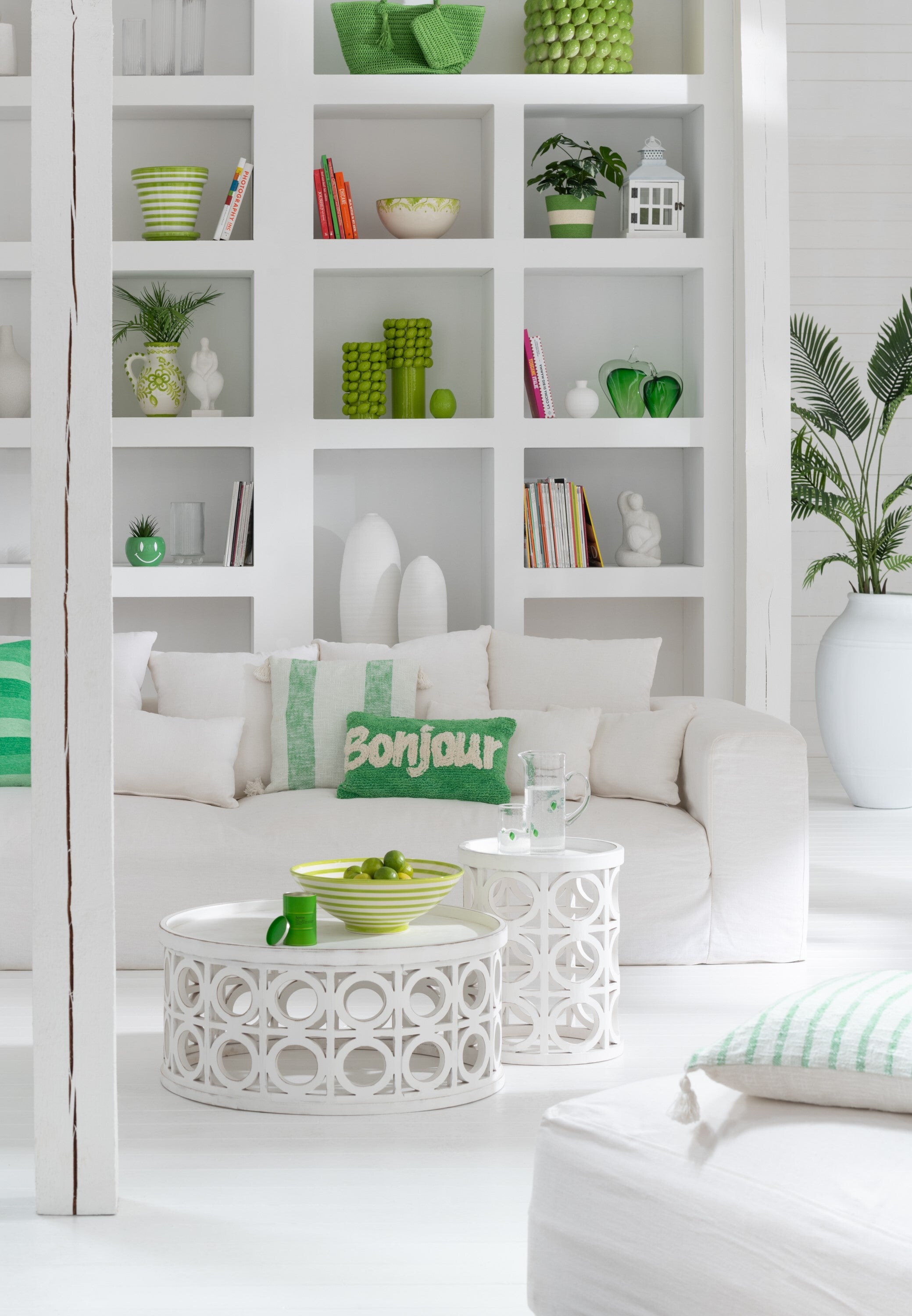 Coussin Bonjour Tufté Coton Vert/Blanc - déco maison Kefi Concept Store