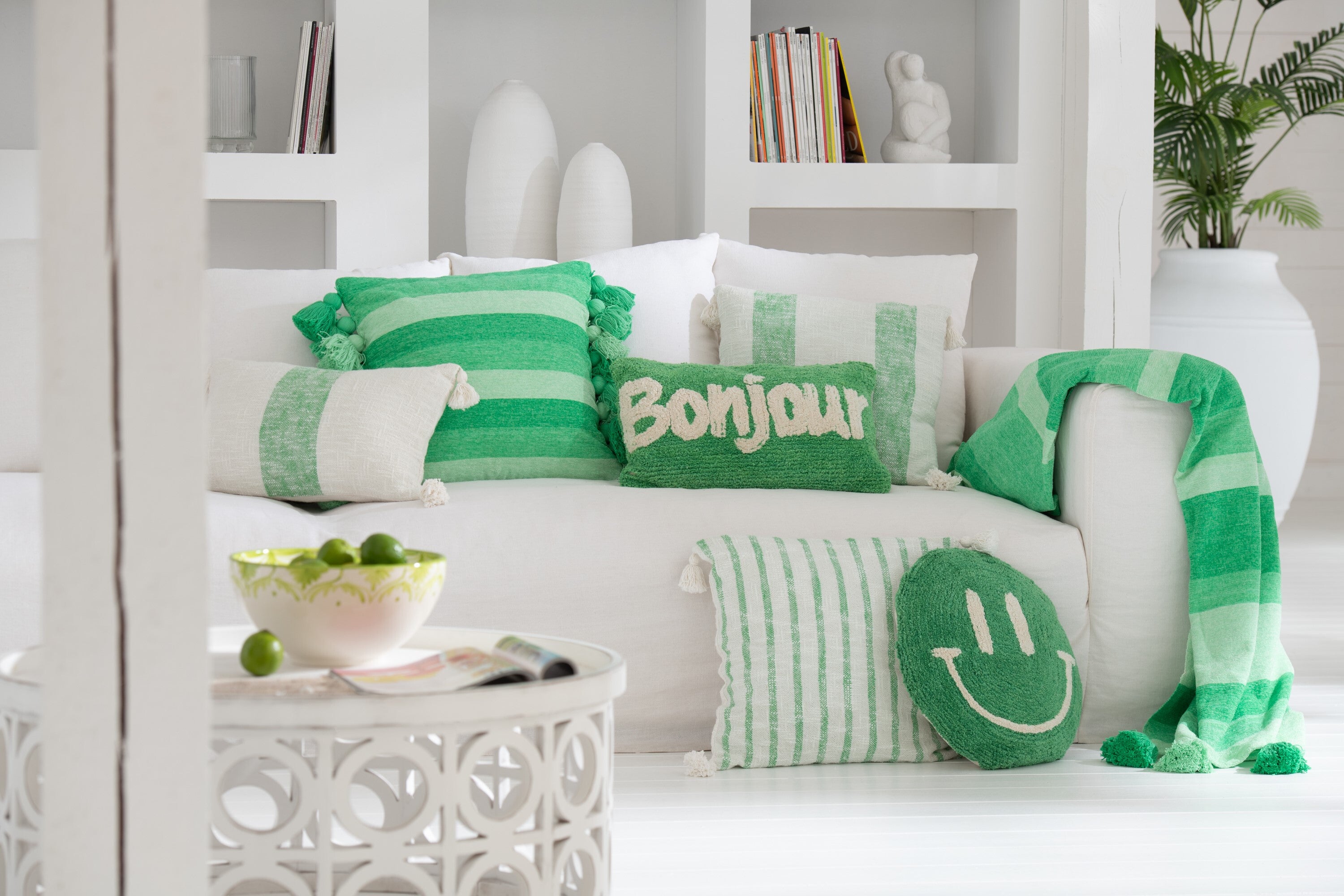 Coussin Bonjour Tufté Coton Vert/Blanc - déco maison Kefi Concept Store