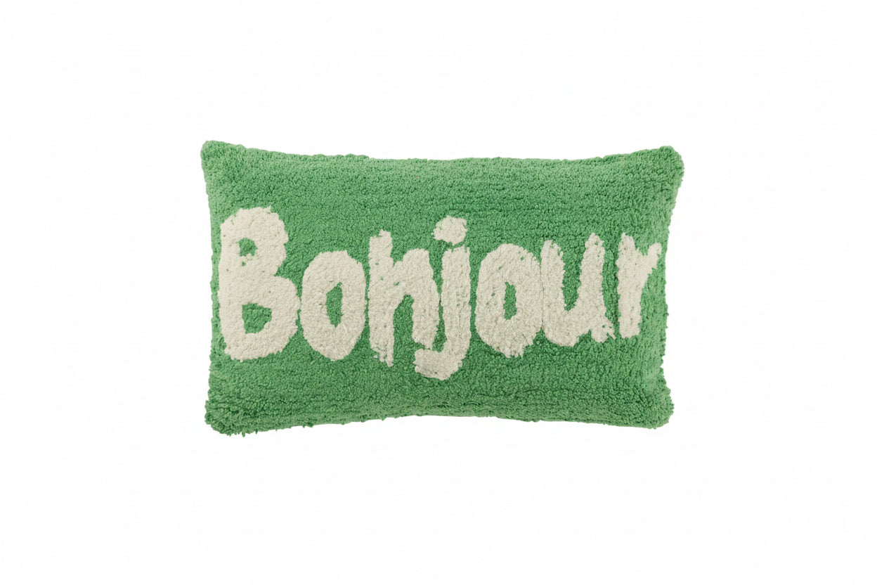 Coussin Bonjour Tufté Coton Vert/Blanc - déco maison Kefi Concept Store