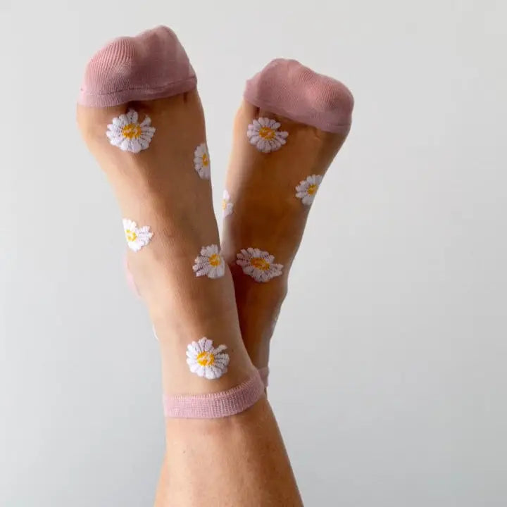 Chaussettes femme fantaisie marguerites rose