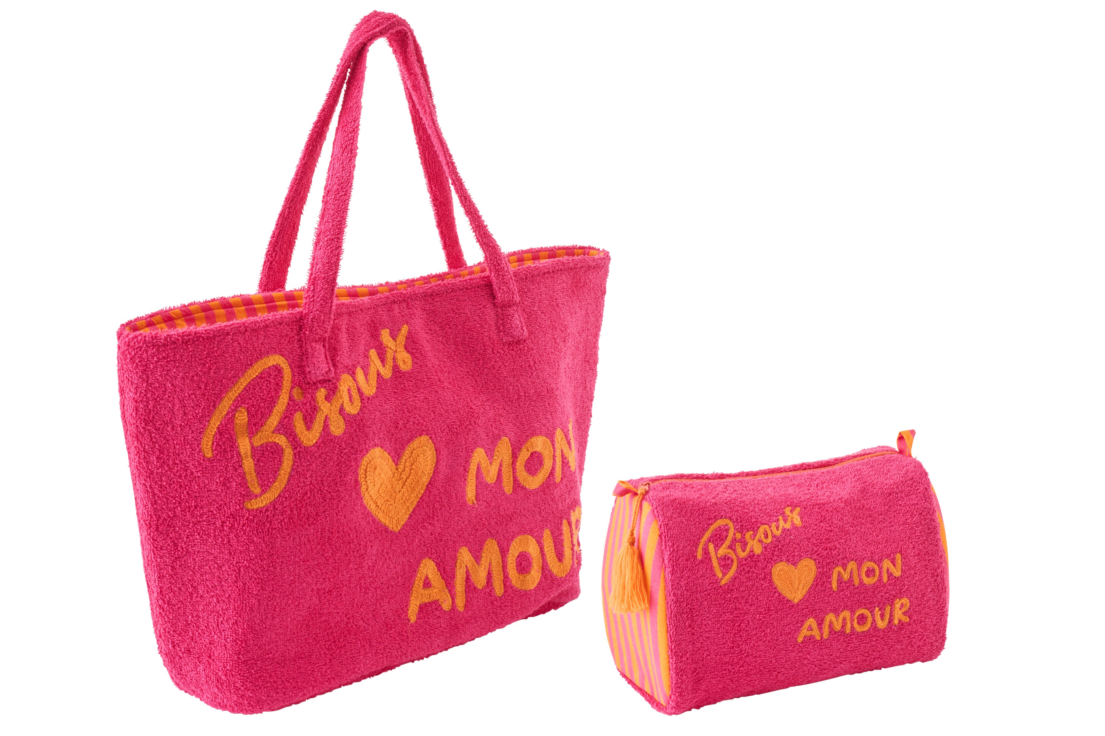 Sac De Plage et trousse Bisous Coton Rose/Orange - accessoire tendance Kefi Concept Store