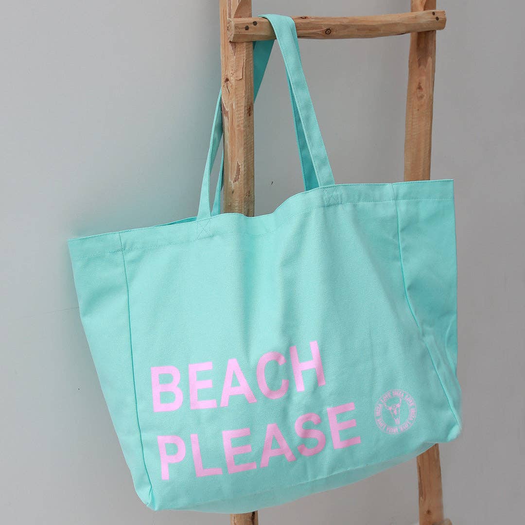 Sac de plage en toile turquoise/rose « Beach Please »