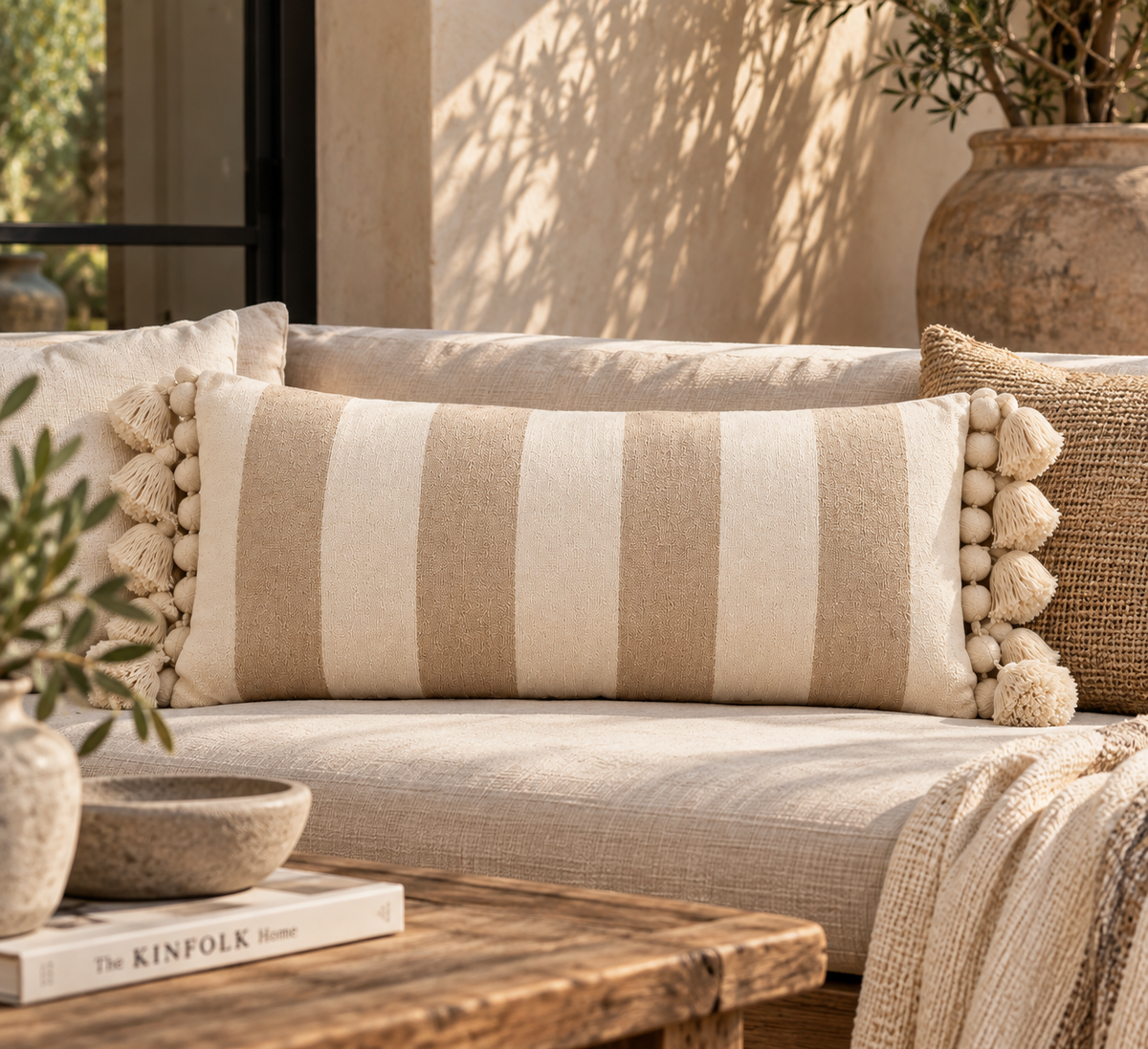 Coussin Stripe 40 x 90 cm beige pompons