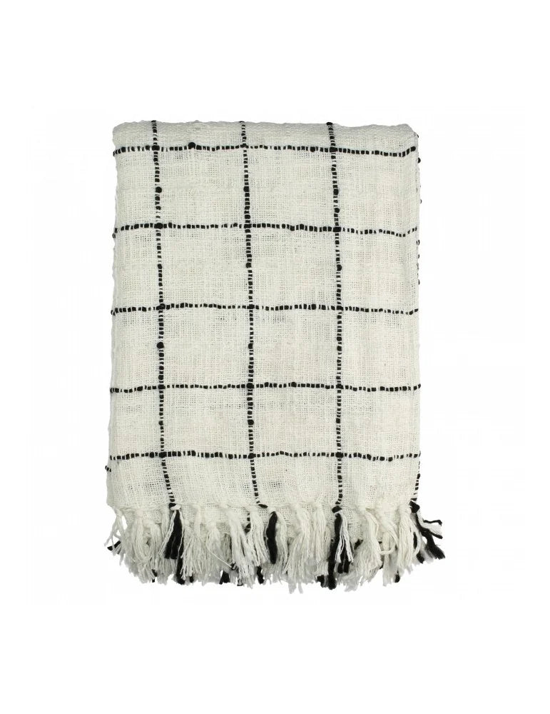 Plaid en coton noir & blanc avec franges - déco maison Kefi Concept Store