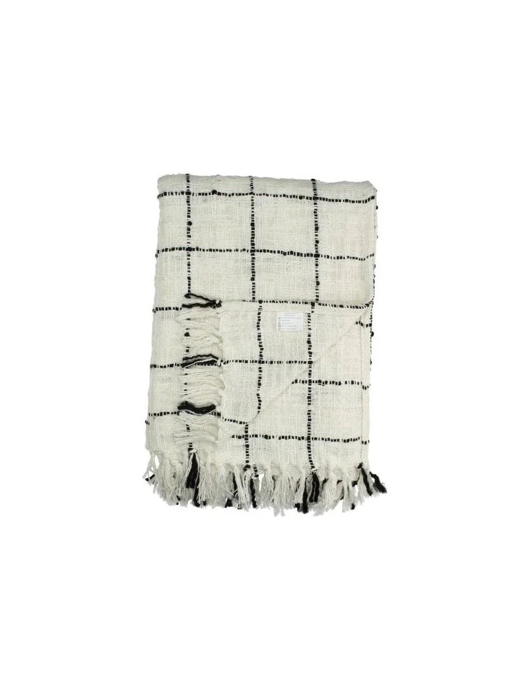 Plaid en coton noir & blanc avec franges - déco maison Kefi Concept Store